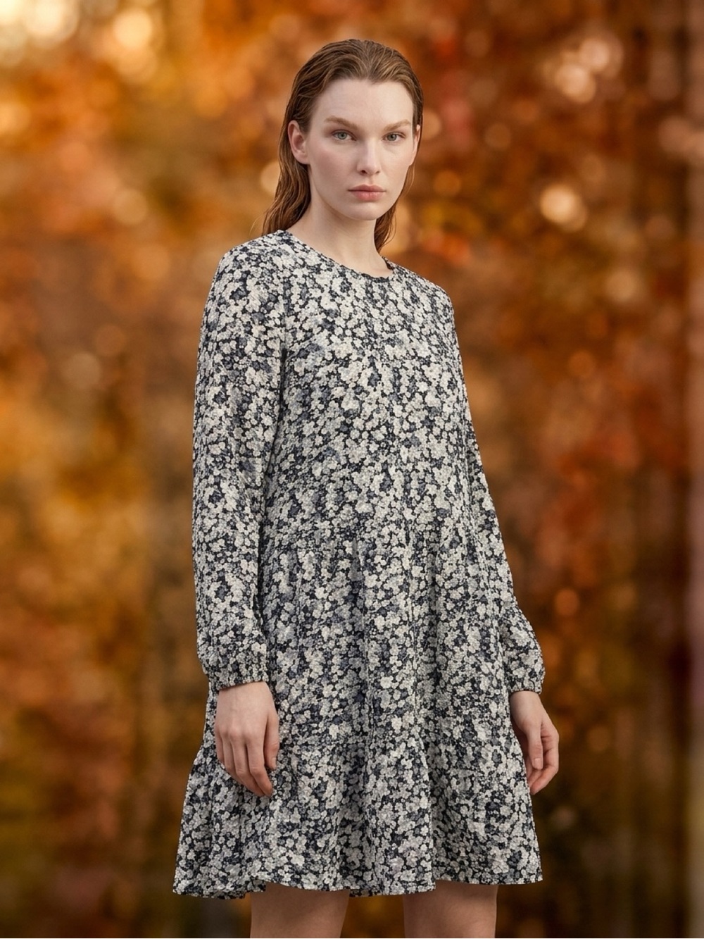 Vero Moda Black, white and gray Floral Tiered BoHo Long-Sleeve Midi Dress